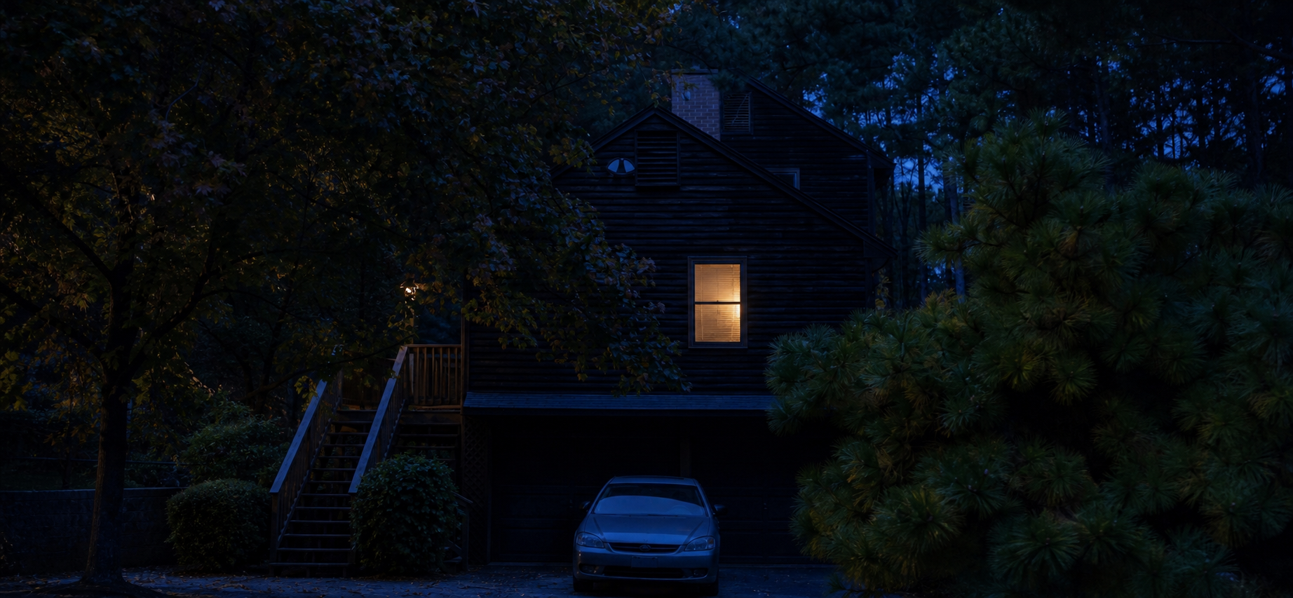 The Cedar Hill house at night with one warm window light left on